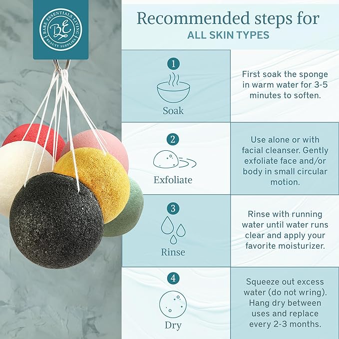 Bare Essentials Living - Konjac Sponges Set (12 Pack) with Activated Bamboo Charcoal Facial Sponge, Natural, Great for Facials, Bath, and Exfoliating Body Sponge