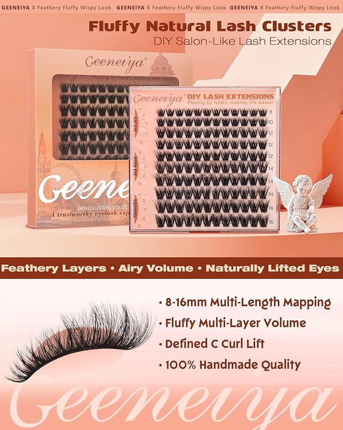 Geeneiya Fluffy Lash Clusters Wispy Eyelash Clusters, 8-16mm Natural Lashes Clusters, C Curl Cluster Eyelash Extensions, Natural Look Lash Extension for Beginners