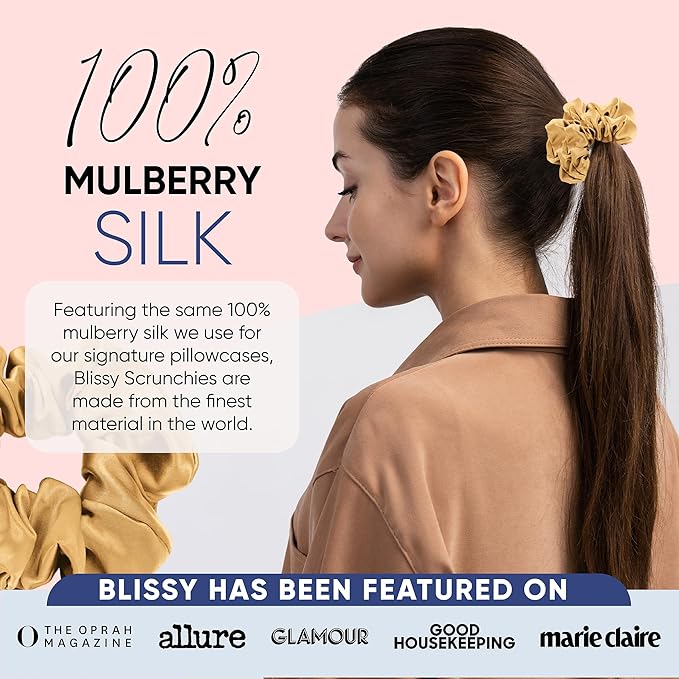 Blissy Silk Scrunchies (3 Pack) - 100% Pure Mulberry Silk - 22 Momme 6A High-Grade Fibers Scrunchie for Straight & Curly Hair - Preventing Breakage, Tangling, & Creasing (Gold Regular)