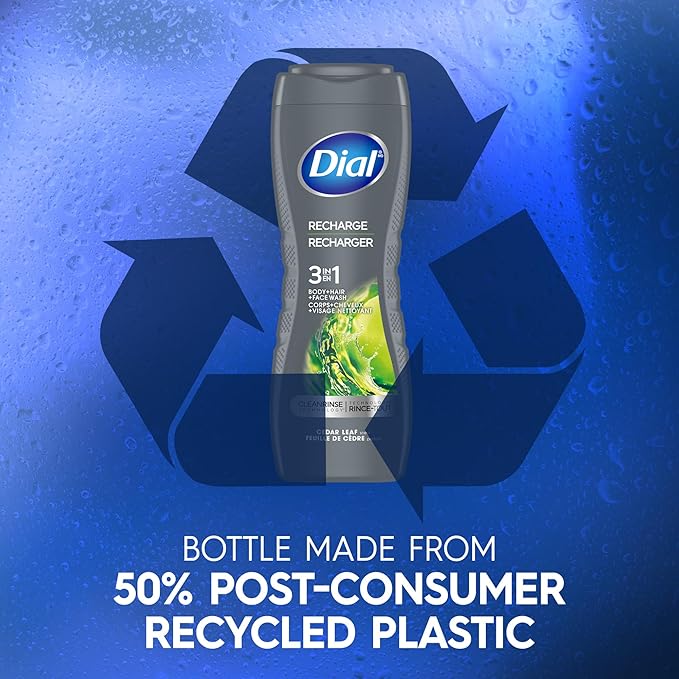 Dial Men 3 in 1 Body, Hair and Face Wash, Recharge, 16 Fl Oz (Pack of 4), Cedar Leaf Scent, Cleanses Deep + Gentle on Skin with Clean Rinse Technology