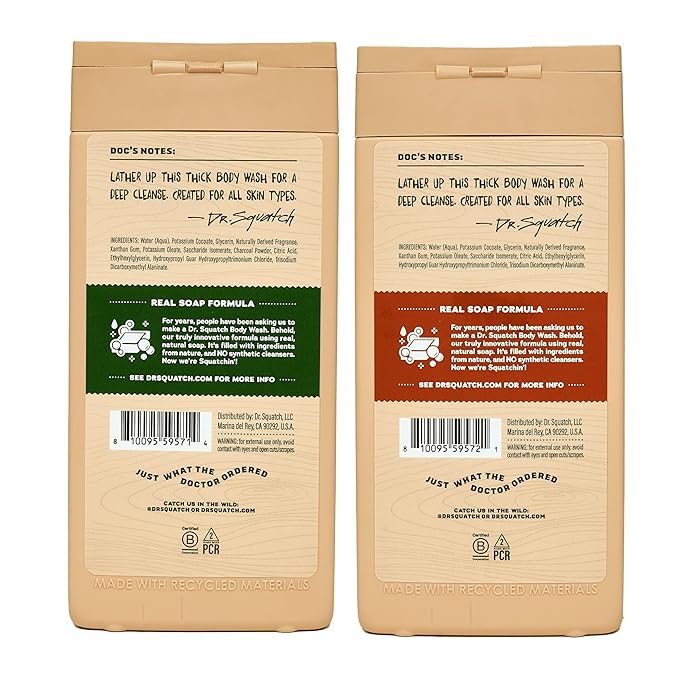 Dr. Squatch Natural Men's Body Wash Shower Gel - Cleansing, Nourishing, Long Lasting Scent, Moisturizing Body Wash for Men - Pine Tar + Wood Barrel Bourbon (14 oz, 2-Pack)
