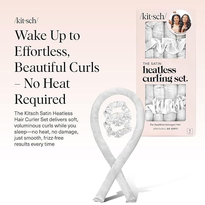 Kitsch Satin Heatless Curling Set – Heatless Curls Overnight with 34" Hair Curler & 2 Satin Scrunchies – Comfortable Hair Curlers to Sleep In for Frizz-Free, No Heat Damage Styling - Ivory