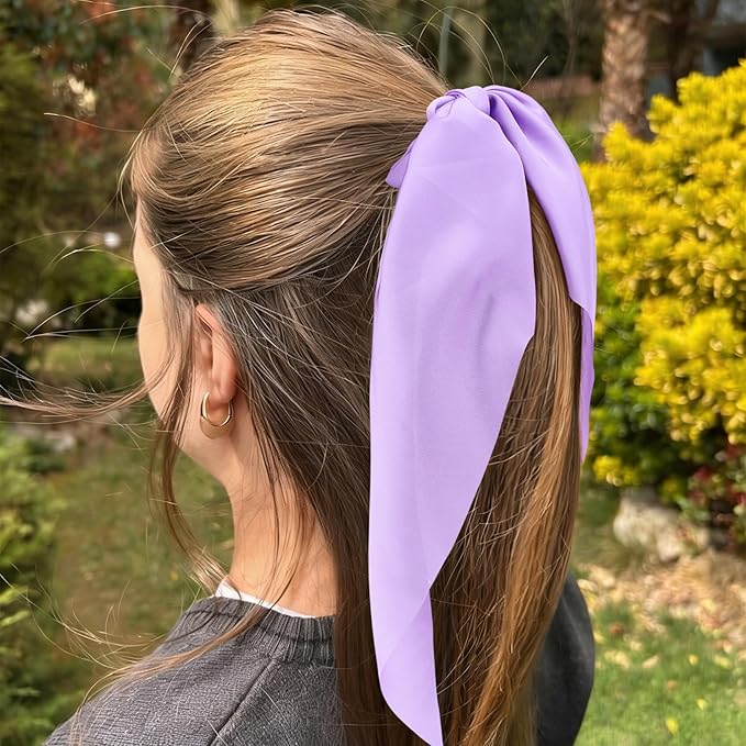 YALOJE 3PCS Scarf Scrunchies with Long Tails, Elastic Silky Satin Bow Hair Ties for Women, Ribbon Hair Scarf Scrunchy, Ponytail Holders Hair Decoration for Women -Pink, Blue, Purple