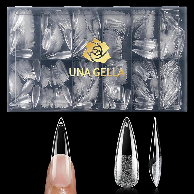 UNA GELLA Long Stiletto Gel Nail Tips, 600Pcs Pre Etched Long Stiletto Almond Nail Tips Clear Fake Nails Press on Nails No C Curve for DIY Art Salon at Home 12 Sizes