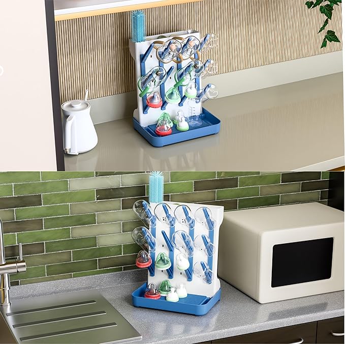 SuoXing Vertical Baby Bottle Drying Rack,Space Saving Countertop Baby Drying Rack for Bottles,Large Baby Bottle Station Stand,Bottle Rack Dryer for Brushes,Pacifiers,Baby Accessories Organizer,Blue