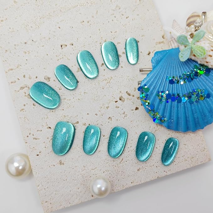 Cat Eye Press on Nails Handmade Short Oval/Square/Round False Nails with French Tip/Aurora/Magnetic Shimmer Designs (Side#Glass Sea L)