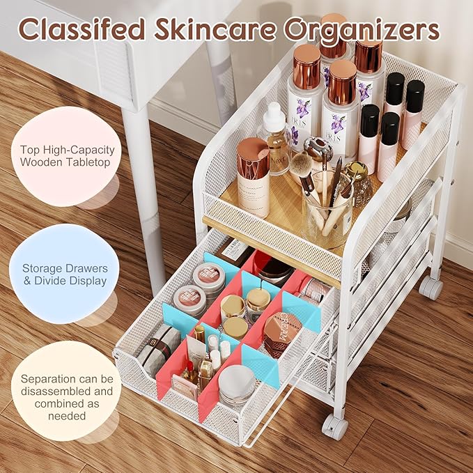 Rolling Makeup Cart Organizer with 3 Drawers, Narrow Floor Skincare Organizers, Cosmetics Display Cases Vanity Organizer for Skin Care Nail Polish Perfume Makeup Brush, White