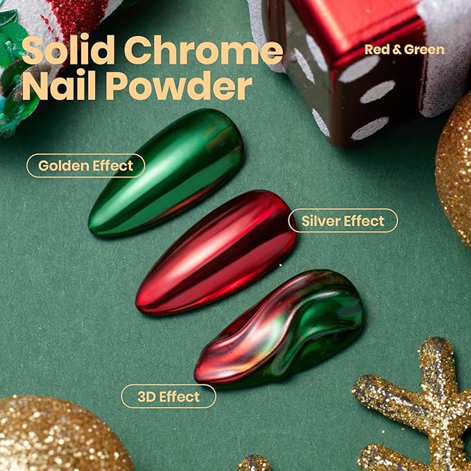 Beetles Chrome Nail Powder 2 Colors Mirror Effect Red Green Metallic Cromer Powder for Nail Solid Pigment Nails Art Decoration Glitter Manicure Design Gift for Women