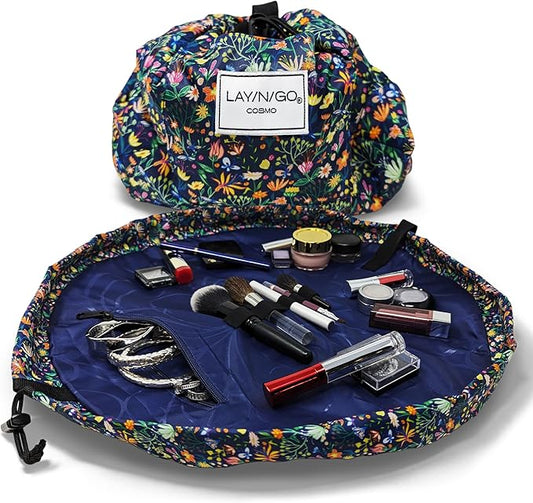 Lay-n-Go Cosmo Layflat Drawstring Cosmetic & Makeup Bag Organizer - Portable Drawstring Makeup Bag w/Zipper Pocket, Loops & More -Durable, Machine Washable Toiletry Bag (20", Butterfly Small Floral)