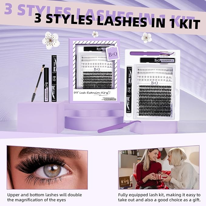 B&Qaugen Eyelash Extension Kit with Bottom Lash Extension 10-18mm 70D D Curl Lash Clusters Kit with Bottom Lashes DIY Lash Extension Kit Bond and Seal Lash Applicator (Kit-70D-D-MIX10-18)
