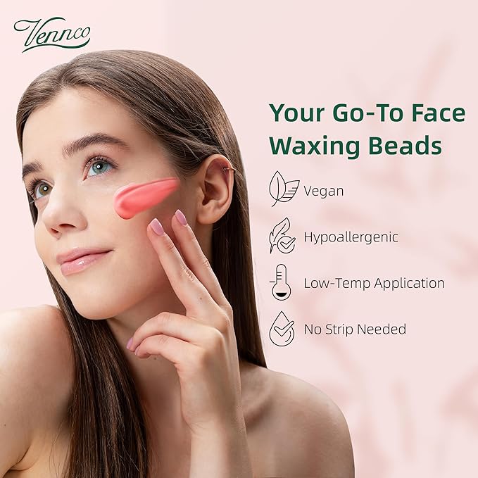 VENNCO Hard Wax Beads, 1lb Wax Beans for hair removal with Cherry Blossom Extract, Ideal for Sensitive Skin, Perfect for Facial, Eyebrows, Arms, and Brazilian Area, Wax Refill for Home Use