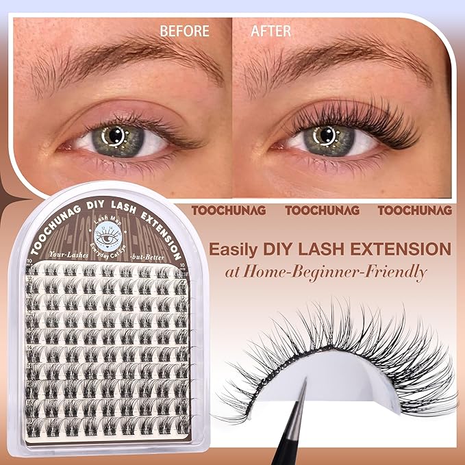 TOOCHUNAG Natural Lash Clusters Wispy Eyelash Clusters D Curly Volume Individual Lashes 10-16MM Cluster Eyelash Extensions DIY Lash Extension Thin Band Soft False Lashes Clusters