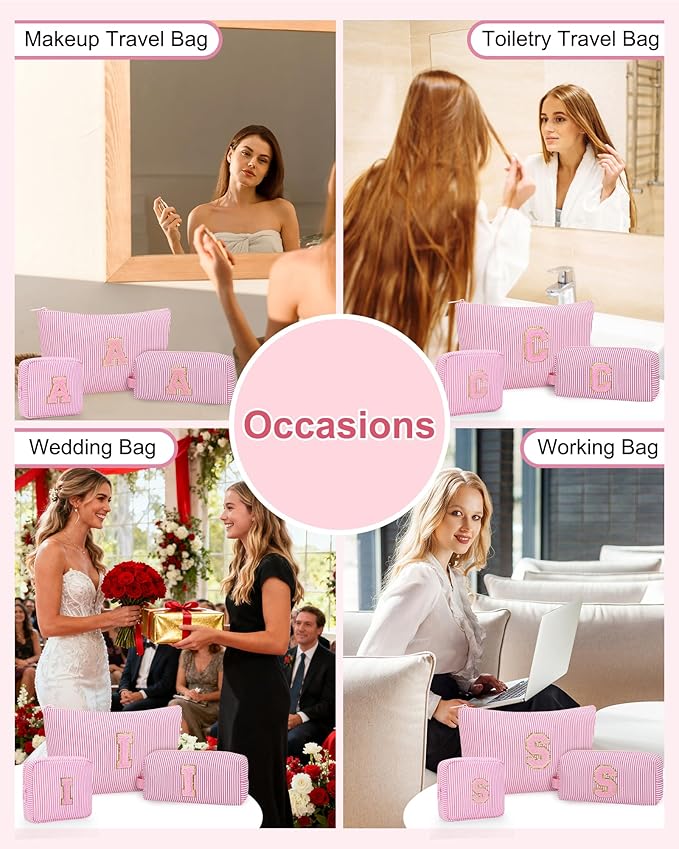 MONSTINA Personalized Initial Makeup Bag for Women,Monogram Make Up Case for Girlfriend Bridesmaid Wife,Birthday Gift for Her Cute Toiletry Bag,3PCS,Pink F