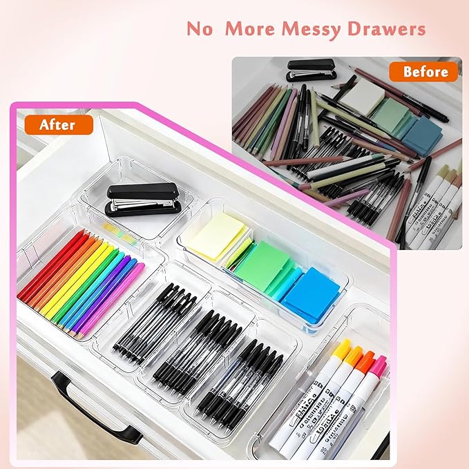 15 Pcs Extendable Drawer Organizer Set, 2 Sizes Adjustable Storage Drawer Units, Clear Plastic Makeup Vanity Organizer for Makeup, Stationeries, Multiple Gadgets for Bathroom, Office, Bedroom