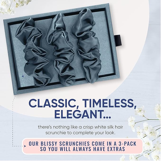 Blissy Silk Scrunchies (3 Pack) - 100% Pure Mulberry Silk - 22 Momme 6A High-Grade Fibers Scrunchie for Straight & Curly Hair - Preventing Breakage, Tangling, & Creasing (Ash Blue Regular)