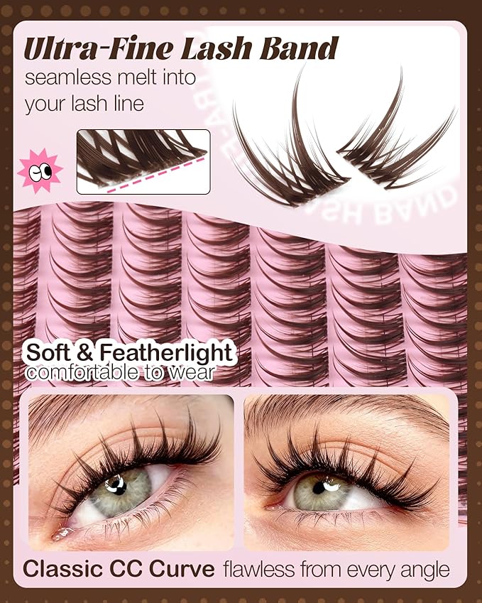 Brown Wispy Lash Clusters Kit with Bottom Lashes Manga Cluster Eyelash Extensions Kit Natural Anime Eyelash Clusters Spiky Fairy Individuals Lash Bond and Seal Clear (5-14MM, CC Curve)