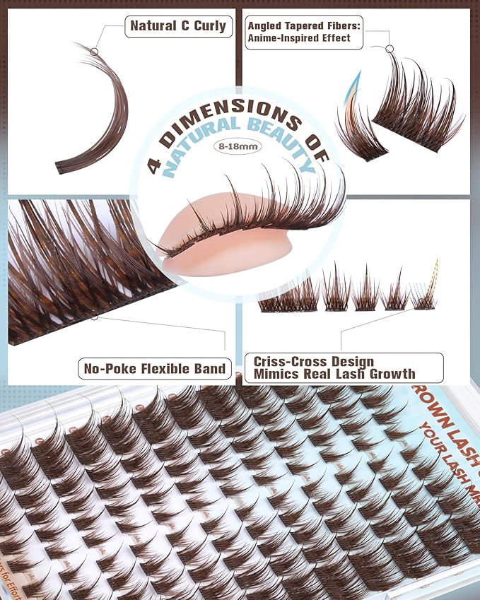 ALICROWN Brown Lash Clusters Cat Eye Cluster Eyelash Extensions Manga Eyelash Clusters Left & Right Natural Lash Extensions Spiky Cluster Lashes C Curly Fox Eye Individual Lashes Fairy Eyelashes