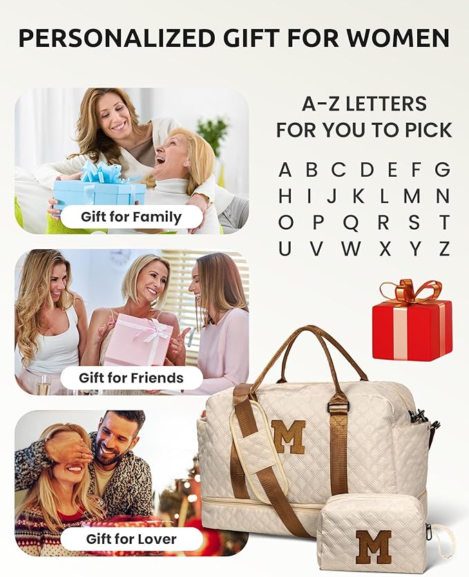 Birthday Gifts for Women-Initial Duffle Bag with Shoe Compartment, Personalized Weekender Bag, Monogram Overnight Bag, Letter Travel Bag with Makeup Bag，Preppy Gifts for Girl (Letter V)