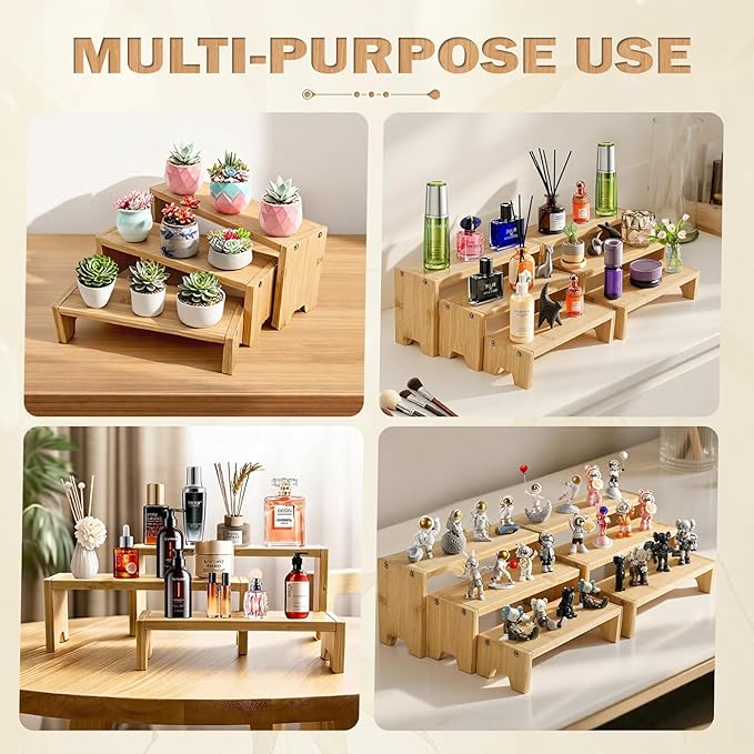 Natural Bamboo Display Stand Risers, 3 Tier Bamboo Organizer Stand with Independent Shelf for Cupcake, Perfume, Cologne, Figurine, Spice, Candle, Tiered Riser Rack for Table Display, Kitchen, Retail, Home Decor