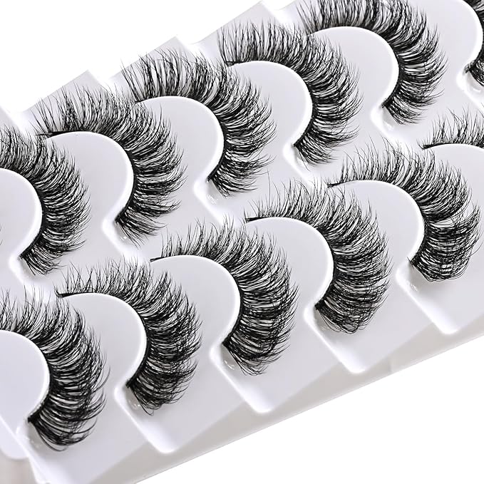 Lashes Wispy False Eyelashes Natural Cat Eye Strip Lash Fluffy Fake Lashes Strips Mink Eyelash Natural Looking Cateye Demi Wispies Eye Lashes Pack 7 Pairs Short Full Pestañas Postizas Set