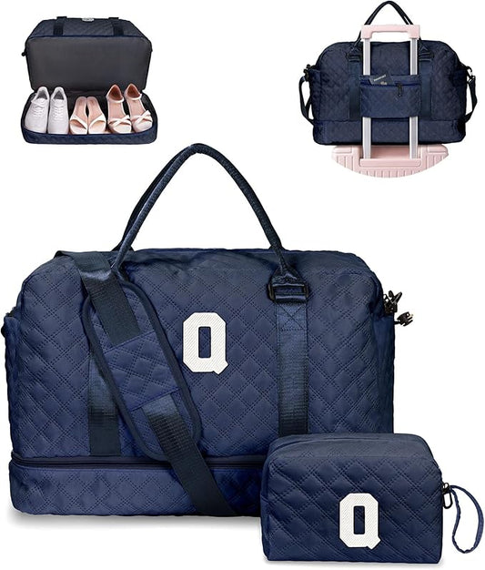 Bags for Women College Gifts-Initial Duffle Bag with Shoe Compartment, Weekender Bag, Monogram Overnight Bag, Letter Travel Bag with Makeup Bag, Bachelorette Gifts for Bride (Letter Q)