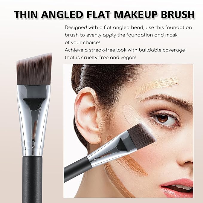 Flat Foundation Makeup Brush Angled Thin for Liquid Cream Foundation Blending,Facial Mask,Primer and Body Painting,Streak-Free Makeup,Buildable Coverage,Vegan Bristles Face Brush, Black