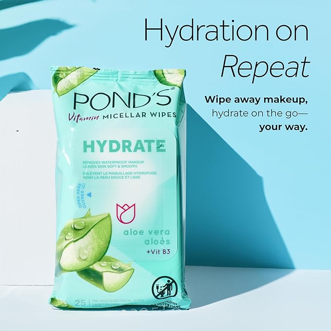 Pond's Vitamin Micellar Wipes For Dry Skin Hydrate Aloe Vera Removes Waterproof Makeup 25 Wipes