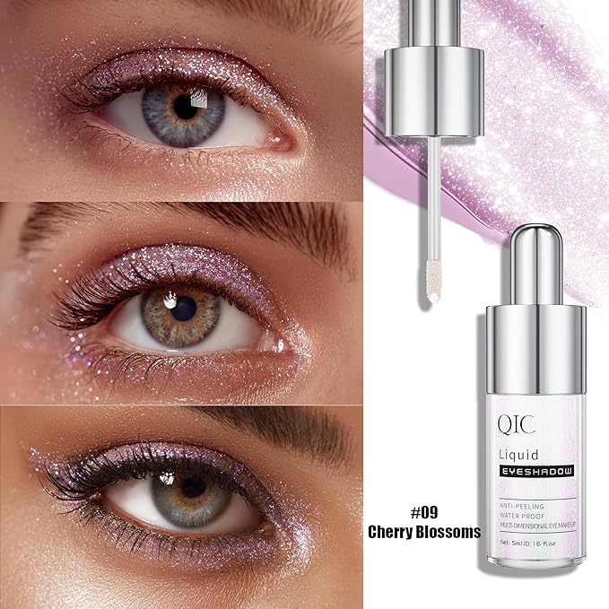 QIC Liquid Glitter Eyeshadow, Metallic & Shimmer Finish, Long Lasting, Non-Creasing, Smudge-proof, Lightweight Formula Liquid Eyeshadow for All Skin Tones, Buildable Color (09 Cherry Blossoms)