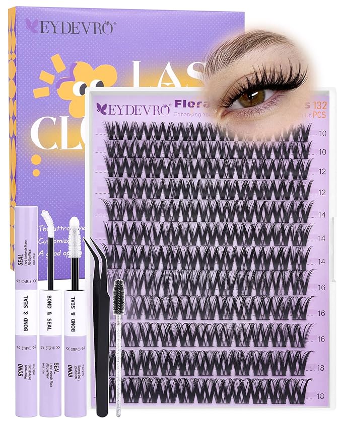 EYDEVRO Flora Lash Clusters Kit Wispy Natural Eyelash Clusters Kit 10-18mm DIY Lash Extension Kit Flaunt Cluster Eyelash Extensions Individual Lashes Kit Waterproof Lash Bond and Seal, Tweezers, Brush