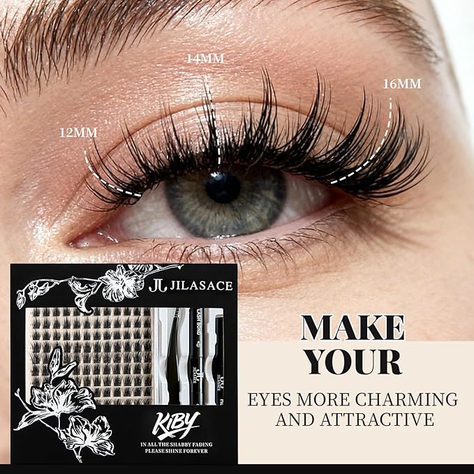 eyelash extension set 【 Kiby 】 DIY 192 eyelash cluster extension set, including eyelash glue and sealant, equipped with eyelash tweezers, suitable for self-service (curl D 12-16mm set)