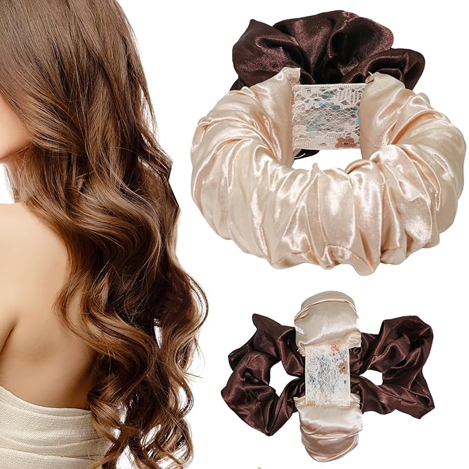 Heatless Hair Curler Overnight to Sleep In,Heatless Curling Scrunchie for Women Soft Silk Lazy Rollers Headband for Long Hair Overnight. (Brown, normal)