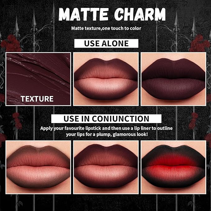HOSAILY 3 Colors 2 in 1 Gothic Lip Liner Set, Matte Dark Brown Red Black Lip Liner Plumping Smooth Creamy Lip Pencil, High Pigmented Long lasting Lip Stain Lipstick Goth Halloween Makeup, 06+07+08