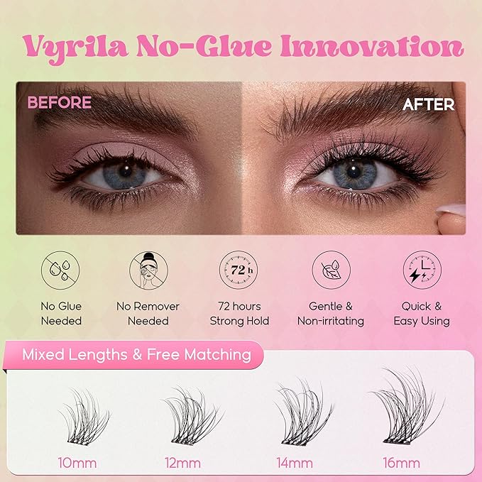 VYRILA Self Adhesive Lash Clusters Kit, D Curl Wispy Pre Glued Lash Extensions with Tweezers, Reusable 0.1mm Ultra Thin Band Natural Eyelashes, Easy Apply Eyelash Clusters for Beginners(PG-ZE05)