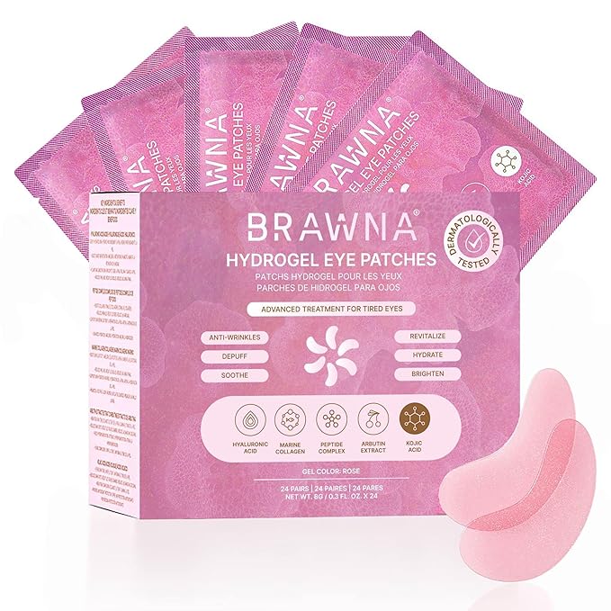BRAWNA Under Eye Patches – Hydrogel Masks with Collagen, Peptides & Kojic Acid – For Puffy Eyes, Fine Lines, Dark Circles & Brightening – Rose – 24 Pairs