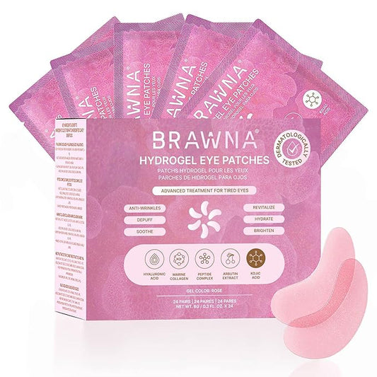 BRAWNA Under Eye Patches – Hydrogel Masks with Collagen, Peptides & Kojic Acid – For Puffy Eyes, Fine Lines, Dark Circles & Brightening – Rose – 24 Pairs