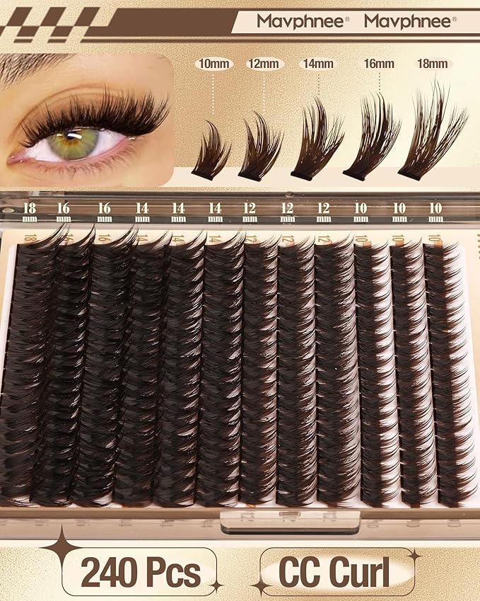 Brown Lash Clusters Wispy Fluffy Eyelash Clusters Volume Individual Lashes Natural Cluster Eyelash Extensions Volume Dark Brown Cluster Lashes Extensions 240Pcs DIY Lash Pack (10-18MM, CC-Curly)