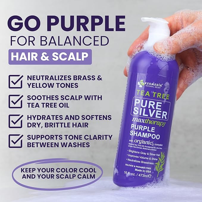 Pure Silver Purple Shampoo with Tea Tree Oil, Anti Brass Toner for Bleached, White, Blonde & Highlighted Hair, Gray Hair to Get Yellow Out, Refreshes Scalp, Sulfate Free, Women & Men, 16 fl oz