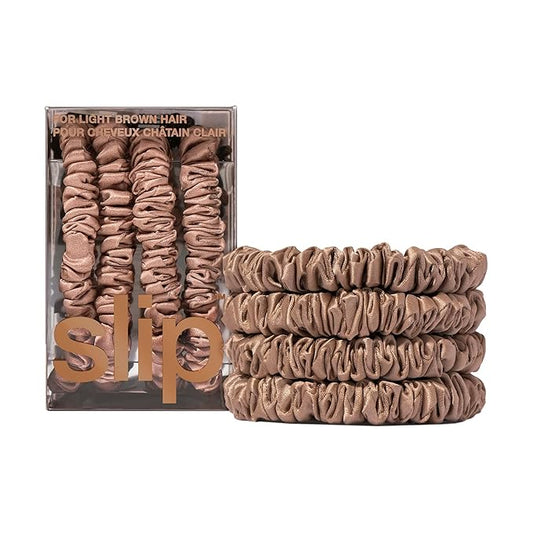 slip Silk Skinny Scrunchies - Light Brown | Set of 4 Skinny Scrunchies | 100% Mulberry Silk, Anti-Crease, Gentle on Hair, Reduces Breakage | Stylish & Durable, Ideal for All Hair Types