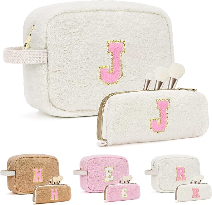 for Valentines Day Gifts, Travel Makeup Bag for Women, Initial Make Up Bag Set for 6 7 8 9 10 11 12 13 Years Old Kids Tween Girls, Large Cosmetic Skincare Bags for Birthday Gifts, White J
