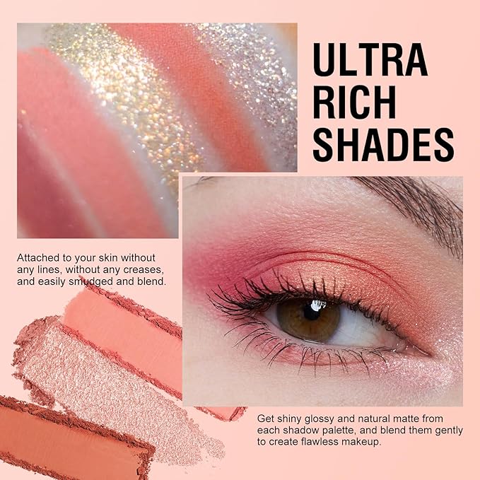 KYDA 12 Colors Warm Pink Eyeshadow Palette, Ultra-rich Glitter Rose Gold Eyeshadow, Matte Soft Pink Orange Eye Shadow Palette, Soft Blendable Powder, Warm Tone Eyes Makeup