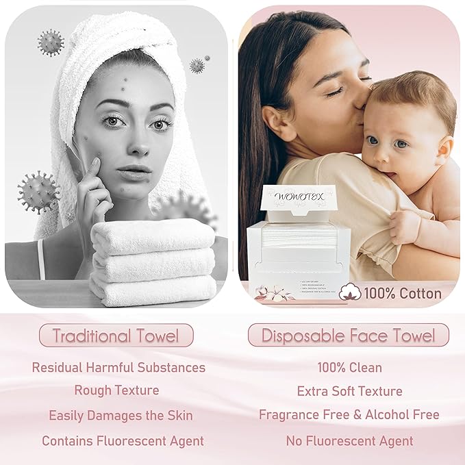 WOWOTEX 100% Cotton Disposable Face Towel 100 Count 10x12 Inch | Biodegradable Thick Soft One Time Use Dry Wipes for Sensitive Skin, Baby Care, Facial Cleaning, Makeup Removal