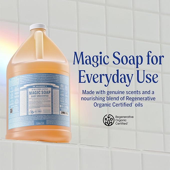 Dr. Bronner's Pure-Castile Magic Soap Liquid (Baby Unscented, 1 Gallon) – Made with Regenerative Organic Certified Oils- For Sensitive Skin, Babies, Face, Hair, Laundry, Dishes, Hand Soap & Body Wash