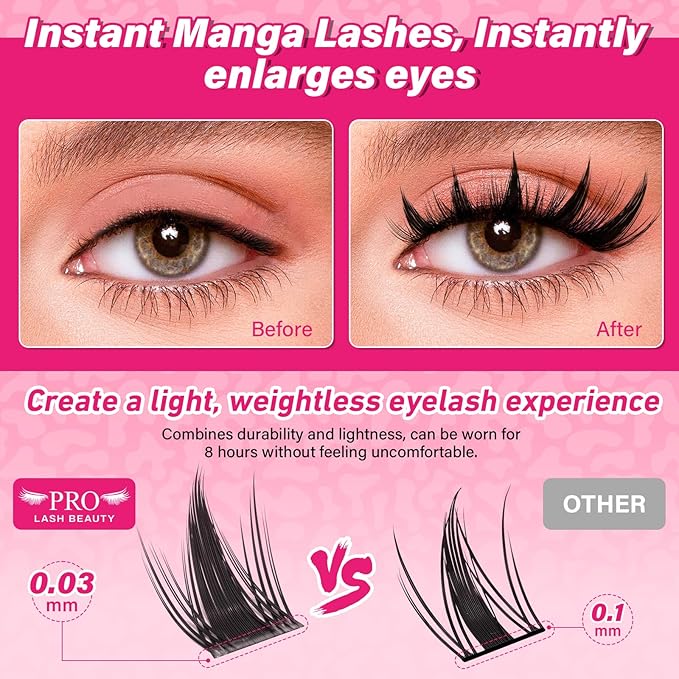 PROLASHBEAUTY Fairy Lash Clusters Kit Wispy Invisible Band Manga Lashes Individual Lashes Bond and Seal Remover Brush Eyelash Extension Kit Easy Removal (Mega Fairy, 8-18mix)