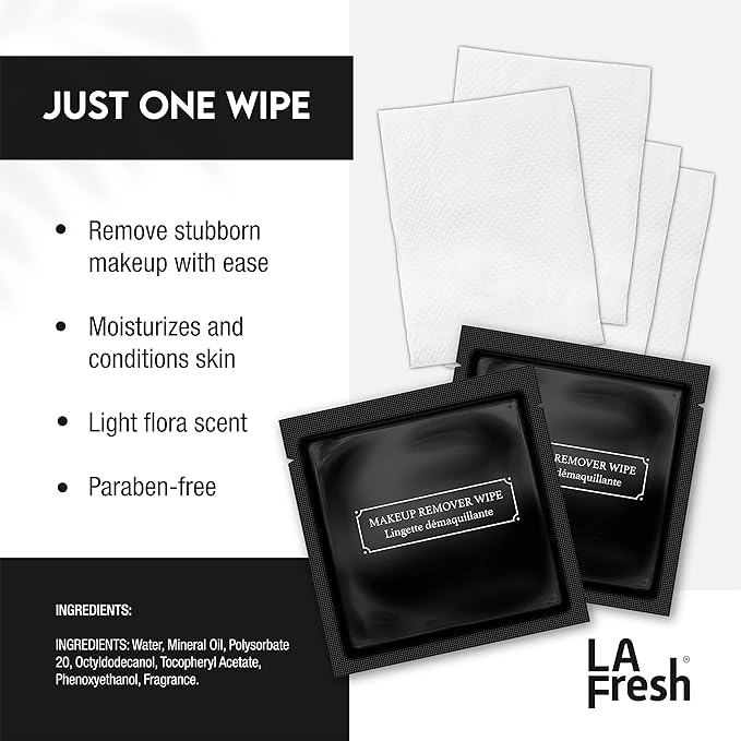 La Fresh Hotel Premium Paraben-Free Makeup Remover Wipes - Black With Light Flora Scent 8x6" Wet Wipes - 500 Wipes, Skin Care Travel Essentials