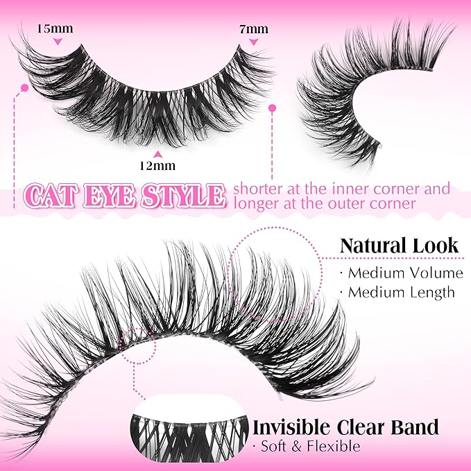 Wispy Lashes False Eyelashes Clear Band Cat Eye Lashes Natural Look 15MM Fake Eyelashes Pack Pestañas Postizas Naturales Wispy D Curvature Lashes, 7 Pairs