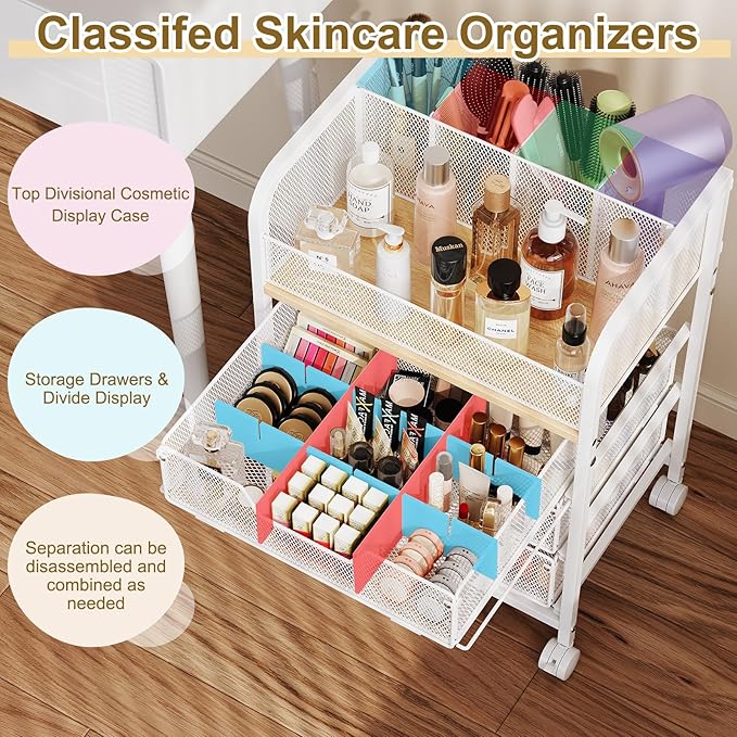 3 Drawers Makeup Cart Organizer with Divider, Under Desk Floor Skincare Organizers, Vanity Storage Organizer Cosmetics Display Cases for Skin Care Perfume Nail Polish, White
