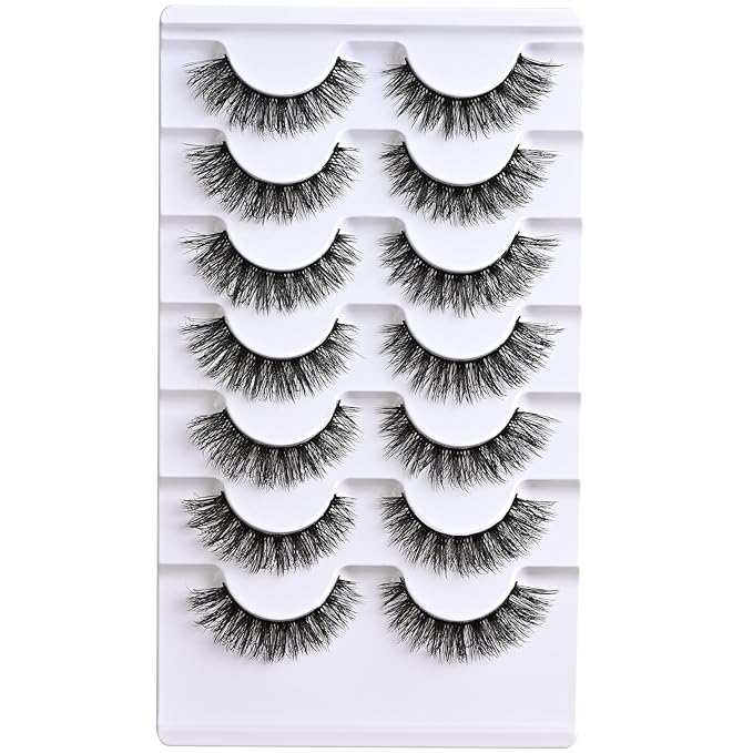 Lashes Wispy False Eyelashes Natural Cat Eye Strip Lash Fluffy Fake Lashes Strips Mink Eyelash Natural Looking Cateye Demi Wispies Eye Lashes Pack 7 Pairs Short Full Pestañas Postizas Set