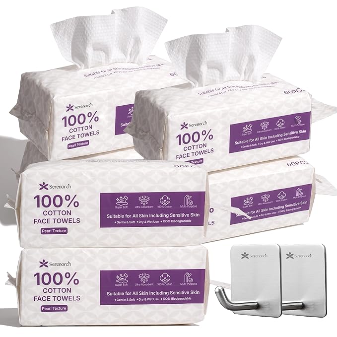 Serenorch 100% Cotton Disposable Face Towels, Soft Cotton Tissue for Sensitive Skin, Daily Cleansing & Makeup Removal, Hanging Facial Dry Wipe