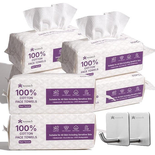 Serenorch 100% Cotton Disposable Face Towels, Soft Cotton Tissue for Sensitive Skin, Daily Cleansing & Makeup Removal, Hanging Facial Dry Wipe