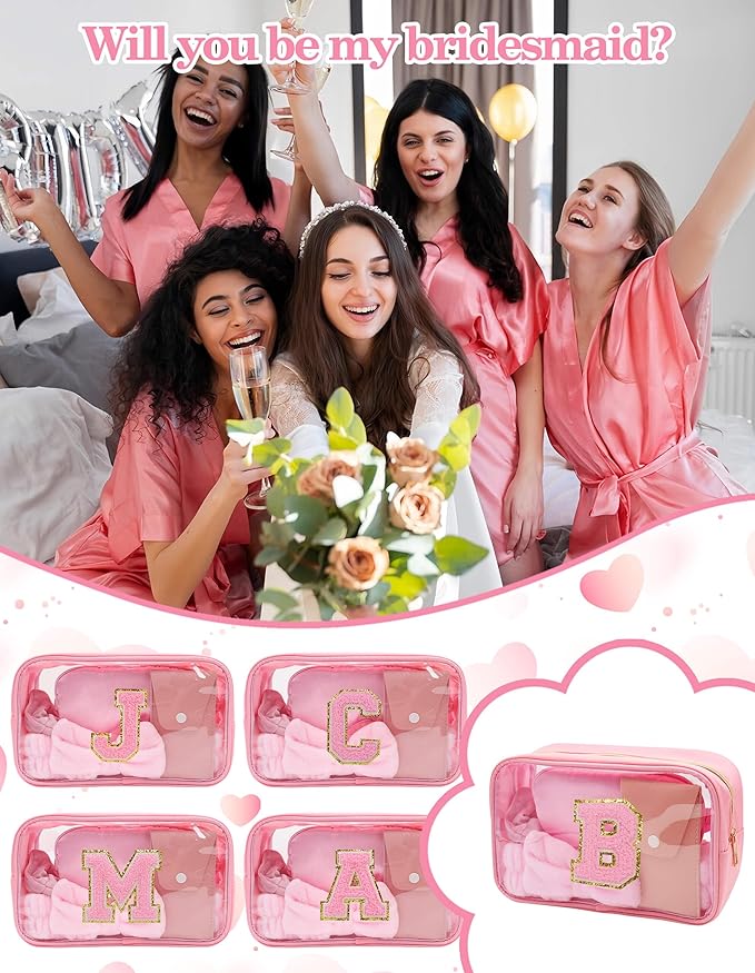 Gift Sets for Women, Initial Makeup Bag with Makeup Brush Set Bachelorette Party Favors, Pink Spa Kit with Skincare Headbands Wrist Bands Sleepover Party Supplies Gifts for Teen Girls Bridesmaid B